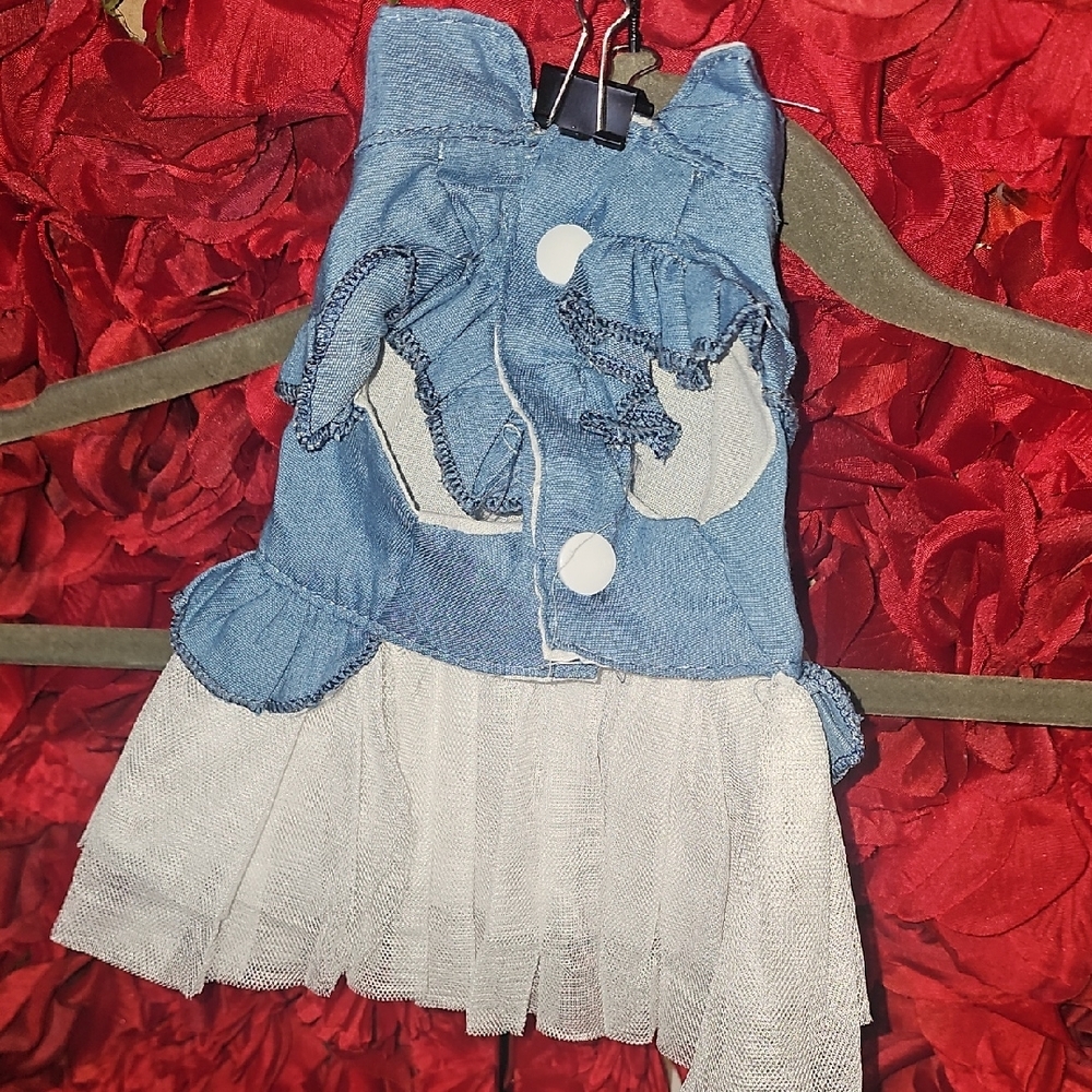 Stylish Blue and White Dog Jean Ruffle Dress Size Xsmall